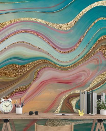 mural de papel pintado de mármol personalizado rosa y turquesa llamado Ombre Strata de Lara Skinner para dormitorios mural de papel pintado de mármol personalizado rosa y turquesa llamado Ombre Strata de Lara Skinner para dormitorios