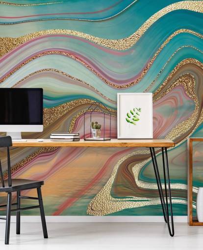 pink and turquoise custom marble wallpaper mural called Omber Strata by Lara Skinner for bedrooms