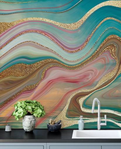 roze en turquoise marmeren behangmuurschildering op maat genaamd Ombre Strata van Lara Skinner voor slaapkamers roze en turquoise marmeren behangmuurschildering op maat genaamd Ombre Strata van Lara Skinner voor slaapkamers