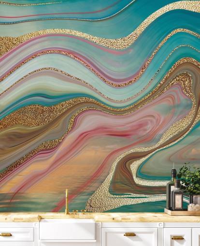 pink and turquoise custom marble wallpaper mural called Omber Strata by Lara Skinner for bedrooms
