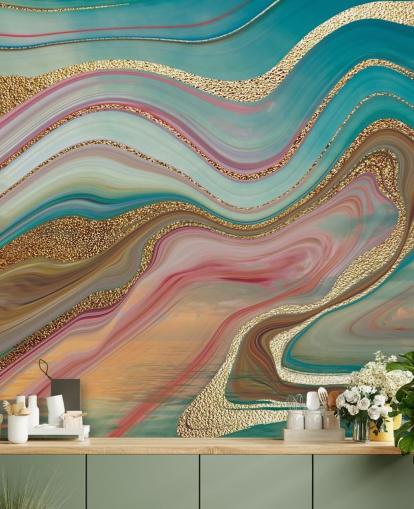mural de papel pintado de mármol personalizado rosa y turquesa llamado Ombre Strata de Lara Skinner para dormitorios mural de papel pintado de mármol personalizado rosa y turquesa llamado Ombre Strata de Lara Skinner para dormitorios