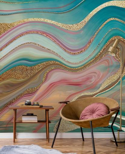 pink and turquoise custom marble wallpaper mural called Ombre Strata by Lara Skinner for bedrooms