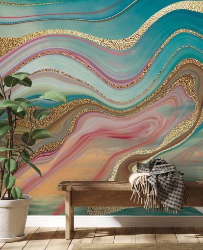 carta da parati murale personalizzata in marmo rosa e turchese chiamata Ombre Strata di Lara Skinner per camere da letto