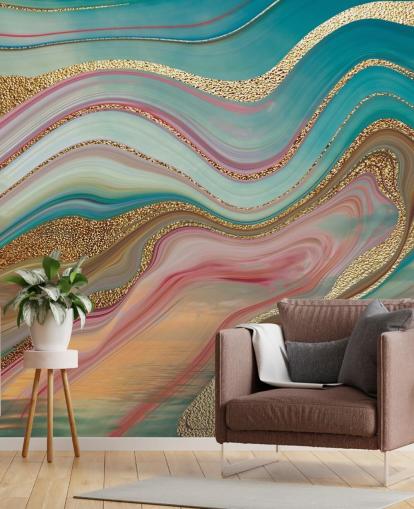 mural de papel de parede de mármore personalizado rosa e turquesa chamado Ombre Strata de Lara Skinner para quartos