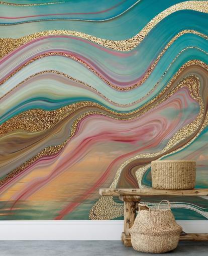 roze en turquoise marmeren behangmuurschildering op maat genaamd Ombre Strata van Lara Skinner voor slaapkamers