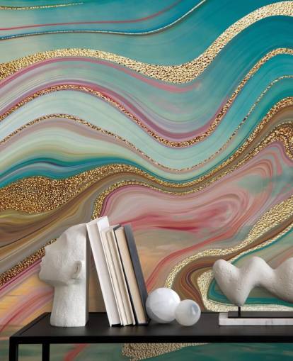 carta da parati murale personalizzata in marmo rosa e turchese chiamata Ombre Strata di Lara Skinner per camere da letto