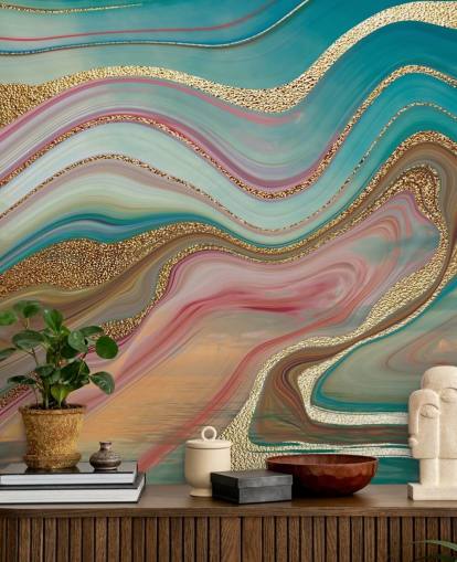 mural de papel pintado de mármol personalizado rosa y turquesa llamado Ombre Strata de Lara Skinner para dormitorios