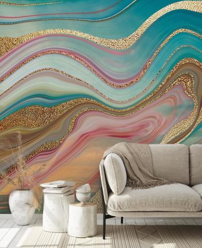papier peint mural en marbre personnalisé rose et turquoise appelé Ombre Strata par Lara Skinner pour chambres
