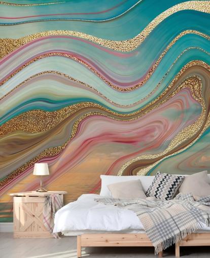 Wandbild aus rosafarbenem und türkisfarbenem Marmor mit dem Namen Ombre Strata von Lara Skinner für Schlafzimmer