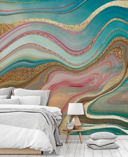 mural de papel pintado de mármol personalizado rosa y turquesa llamado Ombre Strata de Lara Skinner para dormitorios