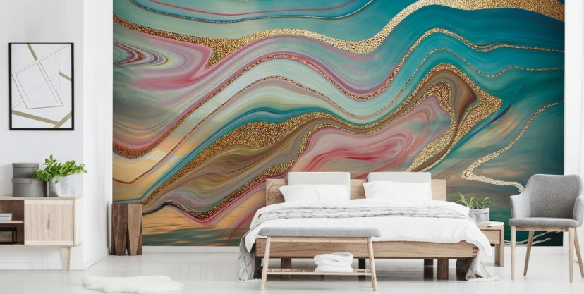 roze en turquoise marmeren behangmuurschildering op maat genaamd Ombre Strata van Lara Skinner voor slaapkamers roze en turquoise marmeren behangmuurschildering op maat genaamd Ombre Strata van Lara Skinner voor slaapkamers