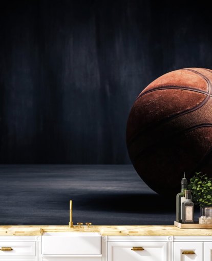 carta da parati murale scura con pallacanestro chiamato Vintage Basketball per camerette per bambini, grotte maschili e college