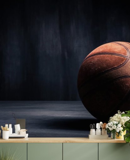 tumma koripallon taustakuvamaalaus nimeltä Vintage Basketball lasten makuuhuoneisiin, miesten luoliin ja korkeakouluihin
