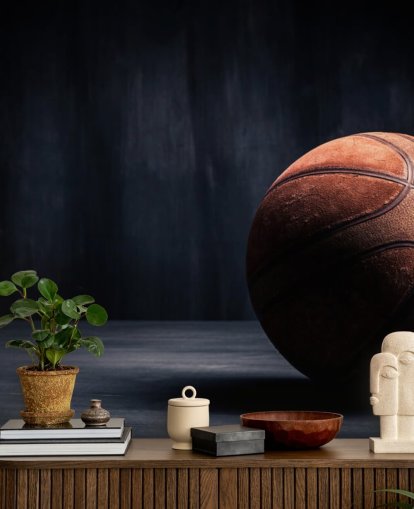 mural de papel pintado de baloncesto oscuro llamado Vintage Basketball para dormitorios de niños, cuevas de hombres y universidades