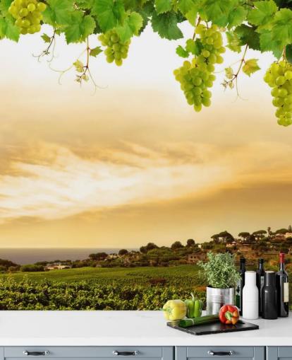 Vineyard by sea and grapevine behang