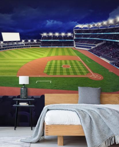 night time baseball wall mural called Baseball Stadium wallpaper mural for kids bedrooms and man caves