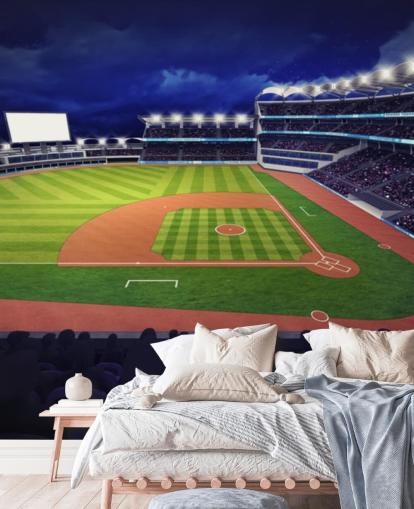night time baseball wall mural called Baseball Stadium wallpaper mural for kids bedrooms and man caves