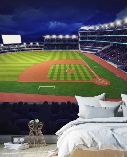 night time baseball wall mural called Baseball Stadium wallpaper mural for kids bedrooms and man caves