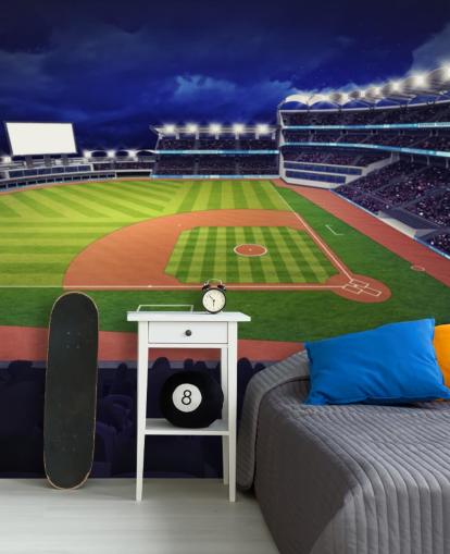 mural de parede de beisebol noturno chamado mural de papel de parede Baseball Stadium para quartos de crianças e cavernas masculinas