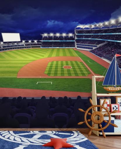 nachtelijke honkbalmuurschildering genaamd Baseball Stadium, behangmuurschildering voor kinderkamers en mannengrotten nachtelijke honkbalmuurschildering genaamd Baseball Stadium, behangmuurschildering voor kinderkamers en mannengrotten