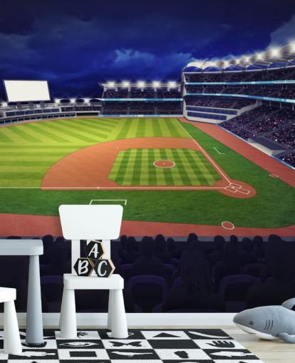 nattlig basebollväggmålning kallad Baseball Stadium tapetväggmålning för barnens sovrum och mangrottor