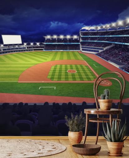 night time baseball wall mural called Baseball Stadium wallpaper mural for kids bedrooms and man caves