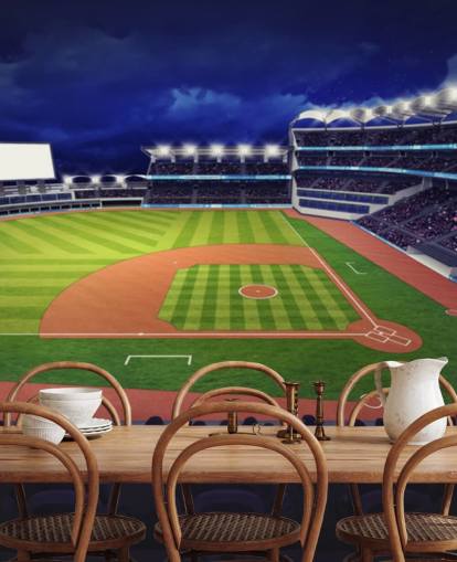night time baseball wall mural called Baseball Stadium wallpaper mural for kids bedrooms and man caves