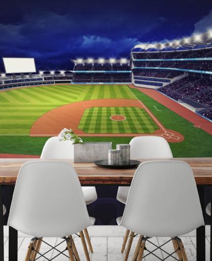 night time baseball wall mural called Baseball Stadium wallpaper mural for kids bedrooms and man caves