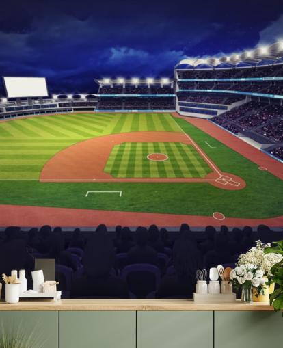 night time baseball wall mural called Baseball Stadium wallpaper mural for kids bedrooms and man caves