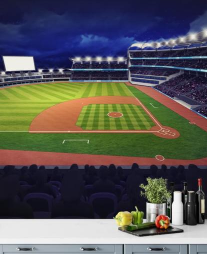 night time baseball wall mural called Baseball Stadium wallpaper mural for kids bedrooms and man caves