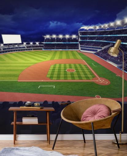Baseball vægmaleri om natten kaldet Baseball Stadium tapetmaleri til børns soveværelser og mandshuler