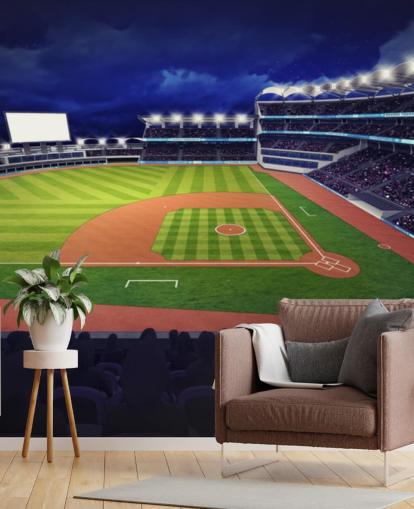 night time baseball wall mural called Baseball Stadium wallpaper mural for kids bedrooms and man caves