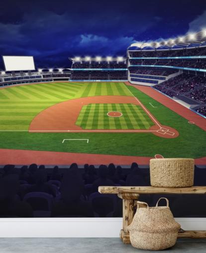 night time baseball wall mural called Baseball Stadium wallpaper mural for kids bedrooms and man caves