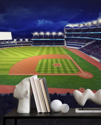 night time baseball wall mural called Baseball Stadium wallpaper mural for kids bedrooms and man caves