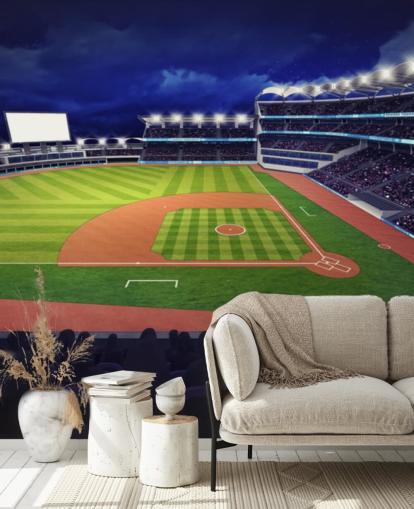 night time baseball wall mural called Baseball Stadium wallpaper mural for kids bedrooms and man caves