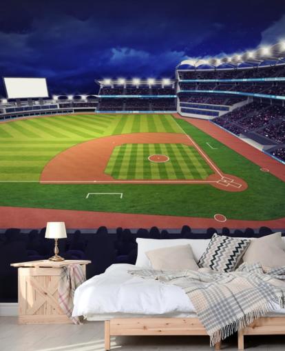 night time baseball wall mural called Baseball Stadium wallpaper mural for kids bedrooms and man caves