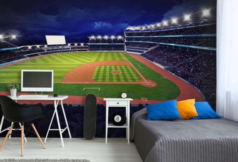 night time baseball wall mural called Baseball Stadium wallpaper mural for kids bedrooms and man caves