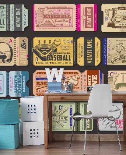 colourful baseball wall mural called Baseball Tickets for child's bedroom, home office and games room