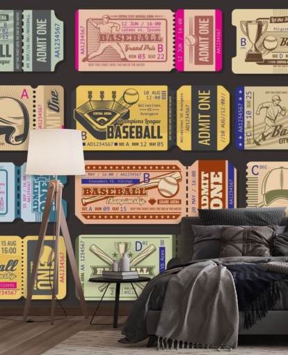 colorful baseball wall mural called Baseball Tickets for child's bedroom, home office and games room