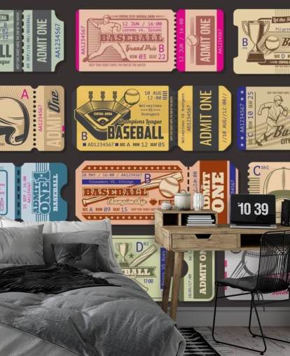 murale colorato con baseball chiamato Baseball Tickets per la camera da letto dei bambini, l'ufficio a casa e la sala giochi murale colorato con baseball chiamato Baseball Tickets per la camera da letto dei bambini, l'ufficio a casa e la sala giochi
