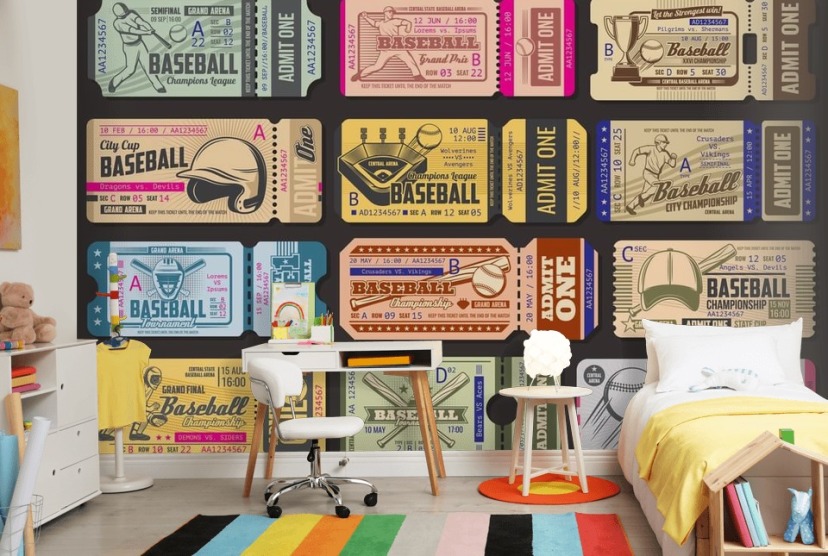 colourful baseball wall mural called Baseball Tickets for child's bedroom, home office and games room