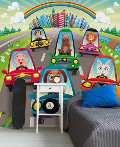 Cartoon Dieren Rijden Muurschildering