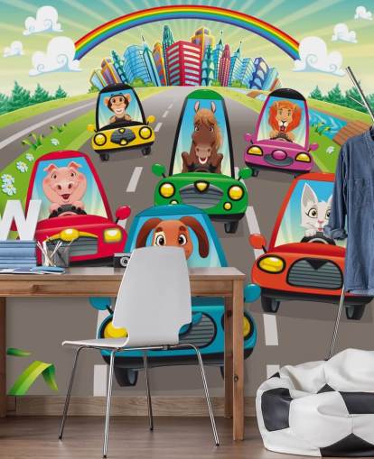Cartoon Animals Driving Wall Mural