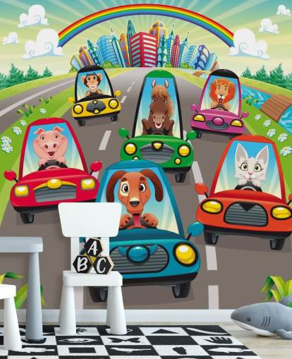 Cartoon Animals Driving Wall Mural