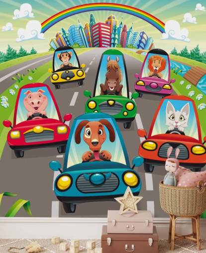 Animais dos desenhos animados dirigindo mural de parede