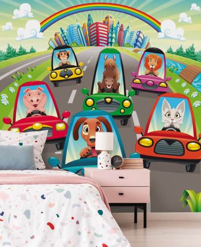 Cartoon Dieren Rijden Muurschildering