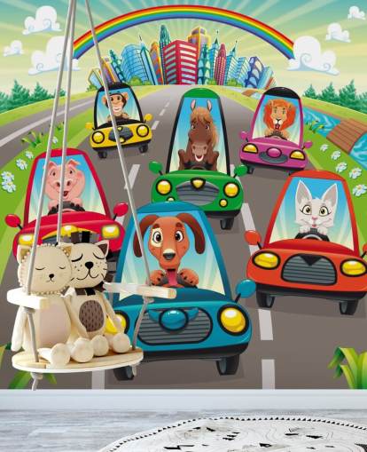 Cartoon Animals Driving Wall Mural Cartoon Animals Driving Wall Mural
