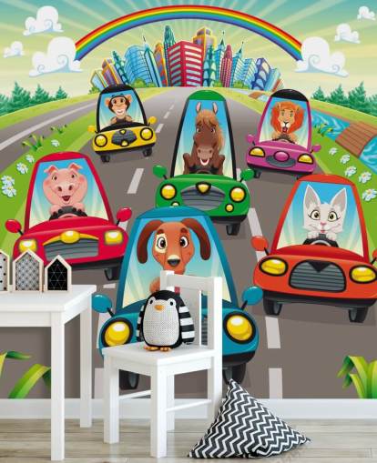 Cartoon Animals Driving Wall Mural