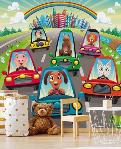 Cartoon Dieren Rijden Muurschildering