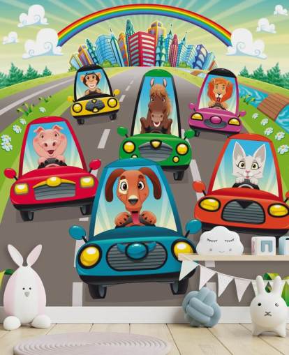 Cartoon Animals Driving Wall Mural